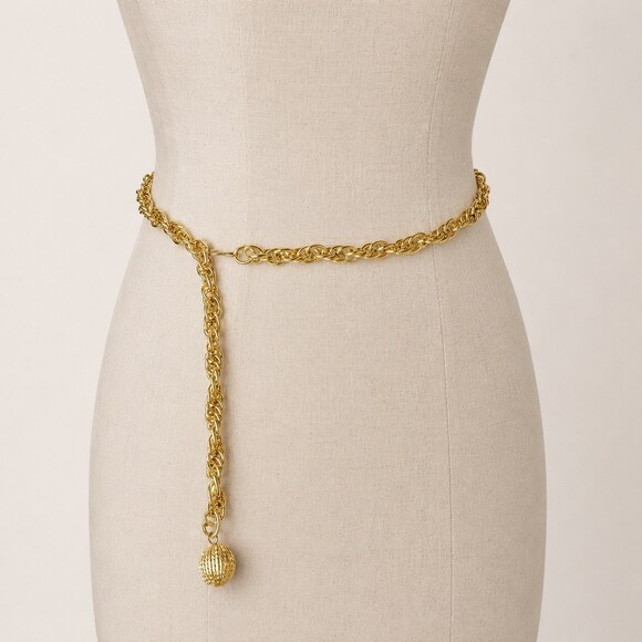 Vintage 80s Gold Tone Rope Chain Belt with Textured Ball Pendant Chunky Heavy main image 4